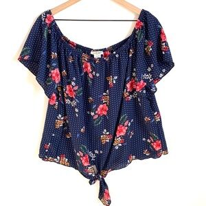 Banana Lemon floral scoop‎ neck tie front top, 3X